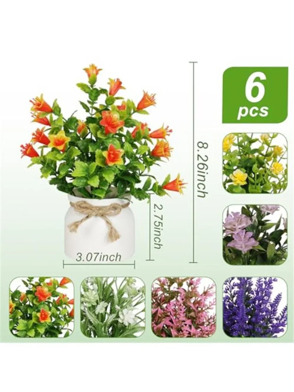 Artificial Potted Flowers Faux Plants Mini Home Office Shelf Decor 6 Piece Set